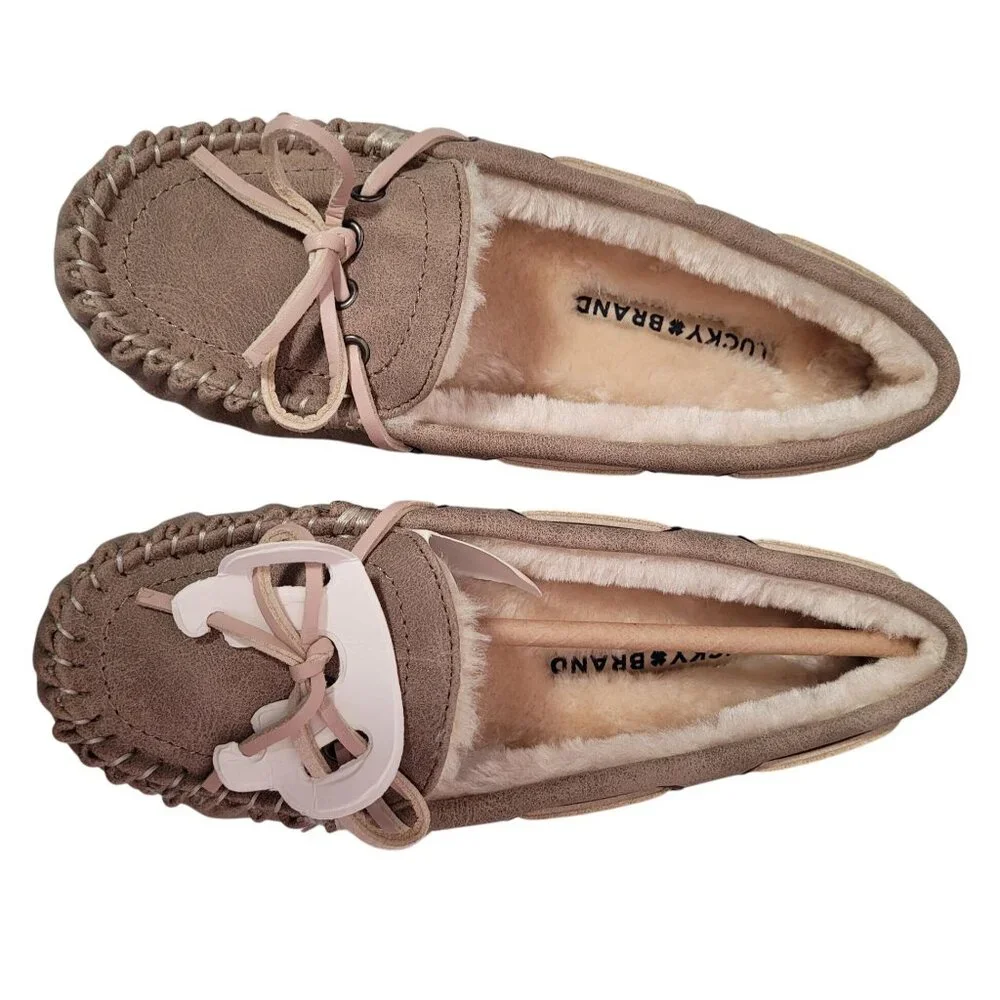 Lucky Brand Youth Girls Moccasin Slippers Size 1 Faux Fur Lined Taupe